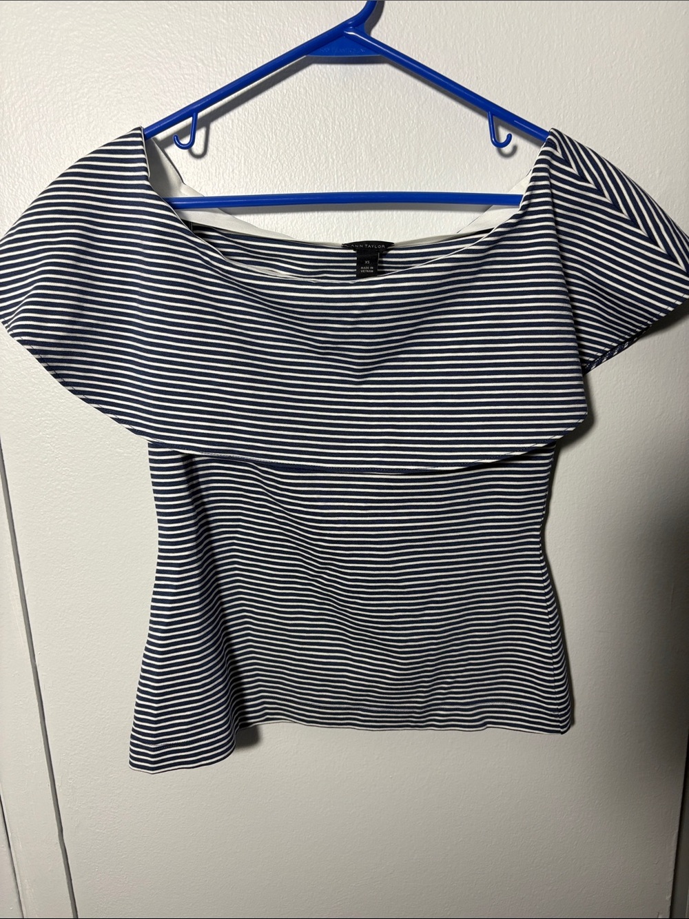 Ann Taylor Navy and White Striped Off-the-Shoulder Crop Top